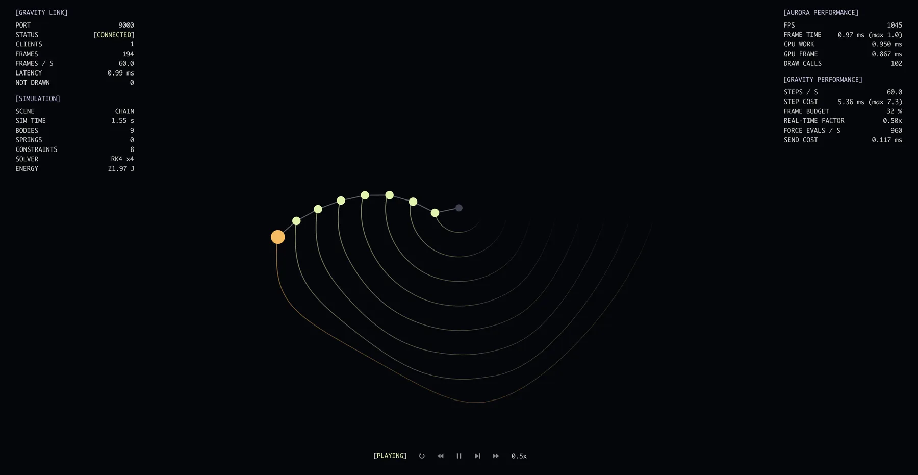 A chain of rigid links swinging under gravity, rendered by Aurora